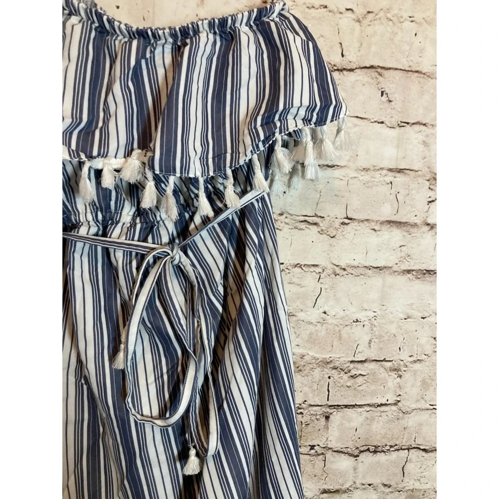 Isabel Maternity Dress Womens Medium Blue Vertical Striped Tasseled One Shoulder - Picture 8 of 16